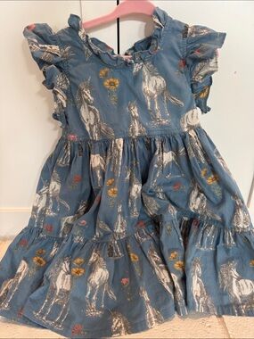 Pink Chicken Blue horse  & Floral Ruffle-Sleeve Dress